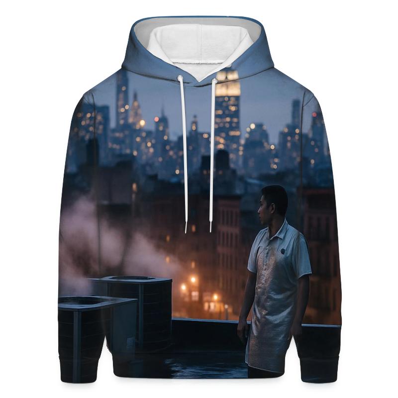 Chinatown Rooftop Steam And Midtown Silhouette After Summer Rain embroidered hoodies