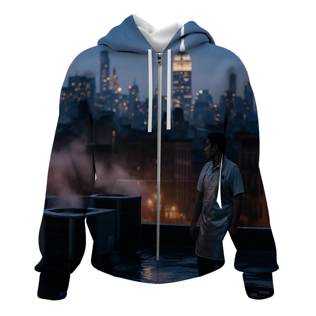 Chinatown Rooftop Steam And Midtown Silhouette After Summer Rain zip-up hoodies