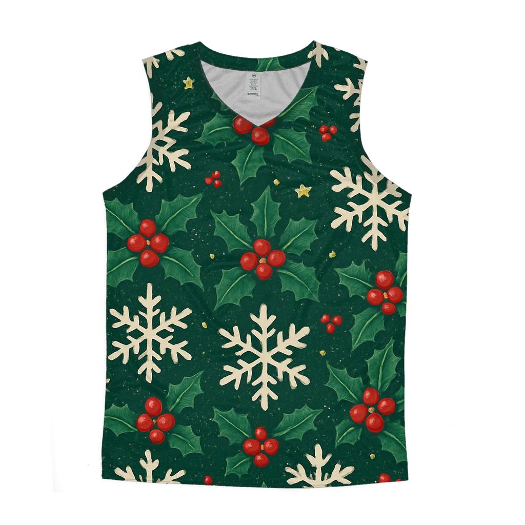 Crimson Holly Snowflake Tessellation On Midnight Green Background custom tank tops