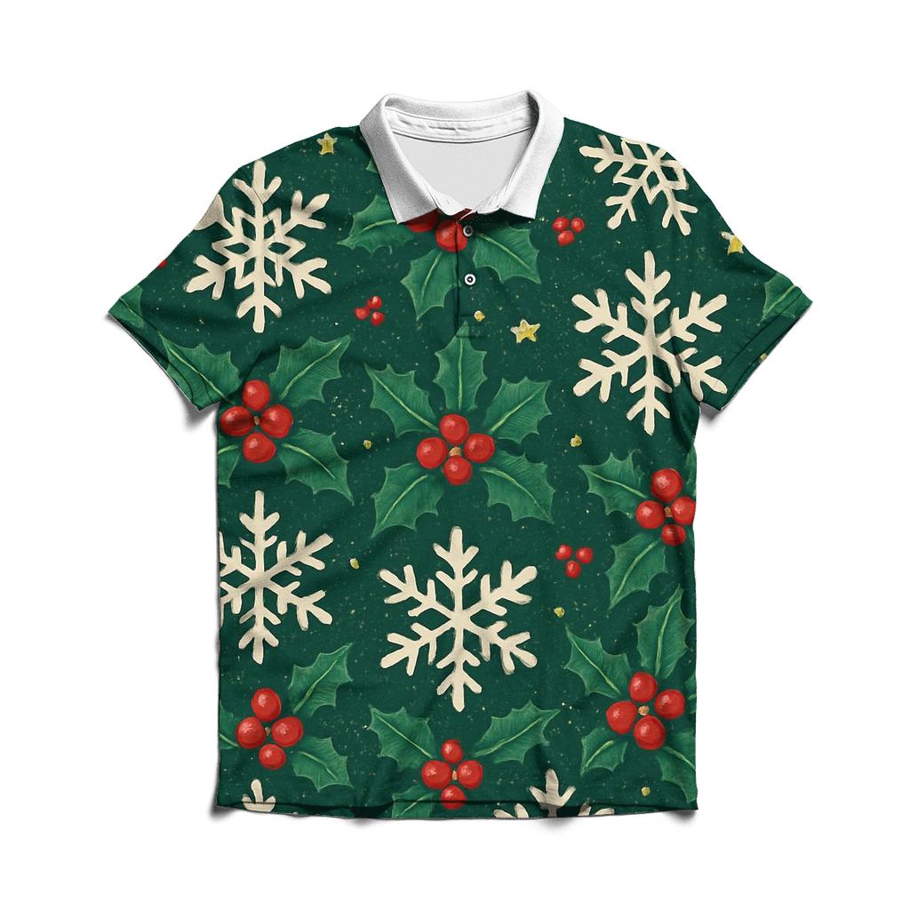 Crimson Holly Snowflake Tessellation On Midnight Green Background custom polo shirts