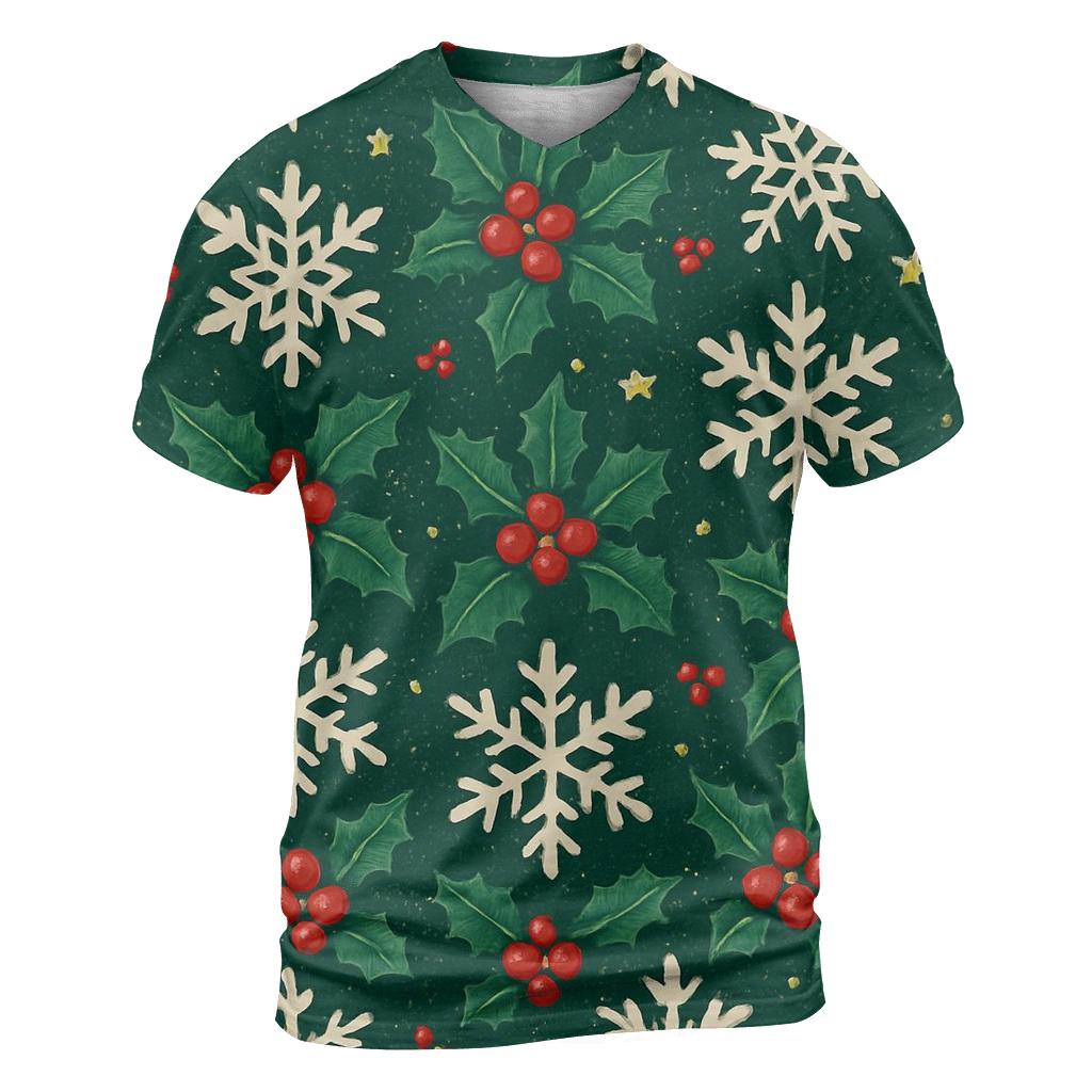 Crimson Holly Snowflake Tessellation On Midnight Green Background creative print fashion shirts