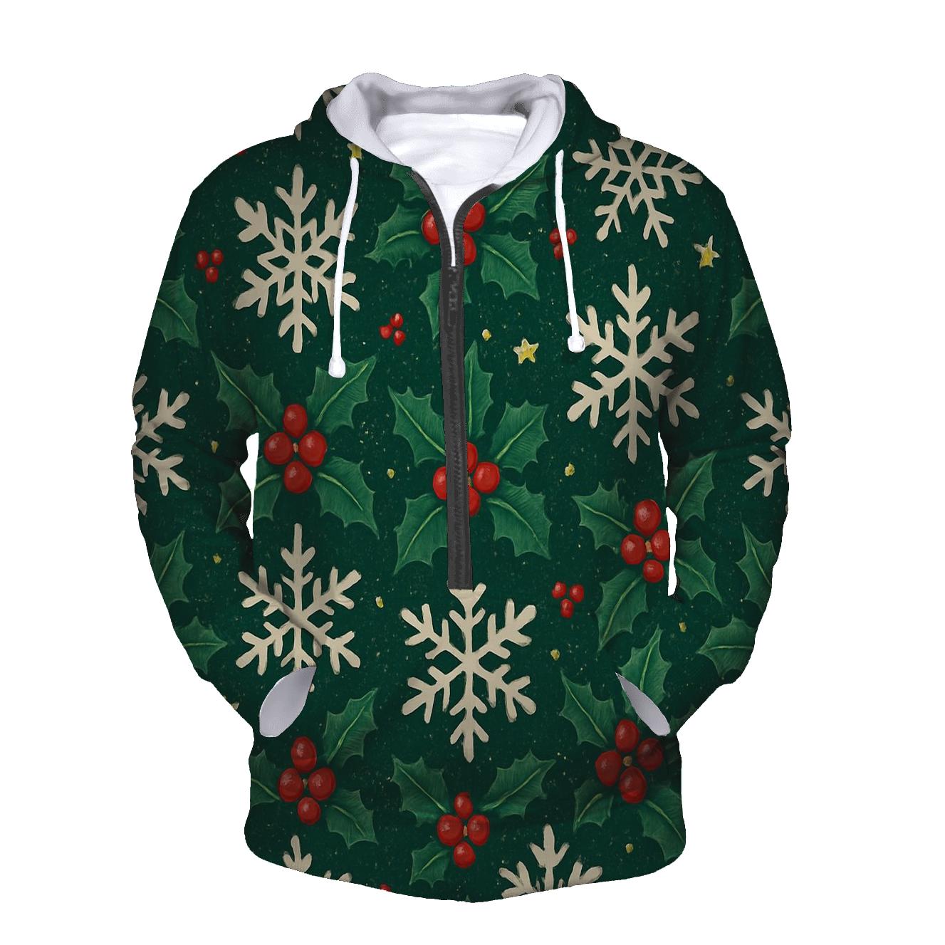 Crimson Holly Snowflake Tessellation On Midnight Green Background hoodie styles