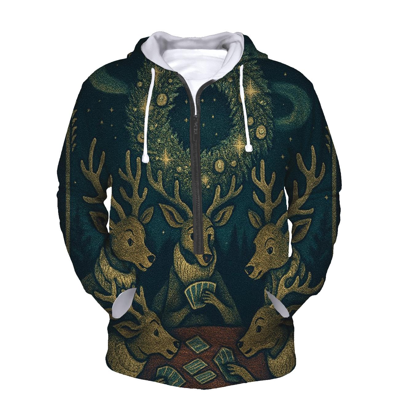 Reindeer Card Game Under The Aurora Wreath graphic hoodies