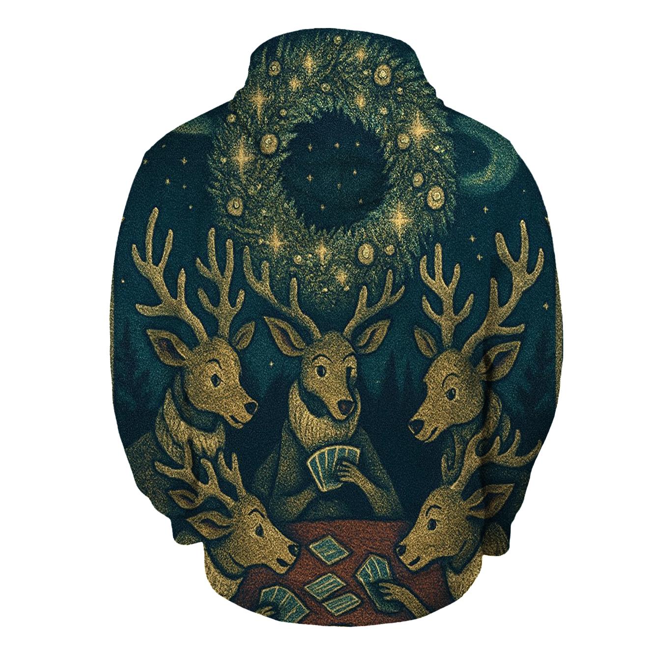 Reindeer Card Game Under The Aurora Wreath graphic hoodies