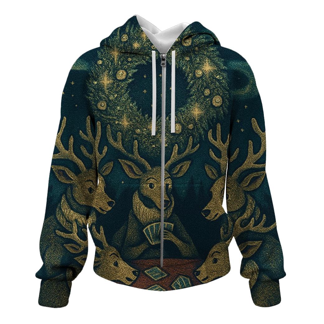 Reindeer Card Game Under The Aurora Wreath hoodie styles