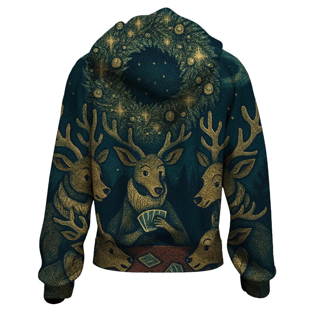 Reindeer Card Game Under The Aurora Wreath hoodie styles