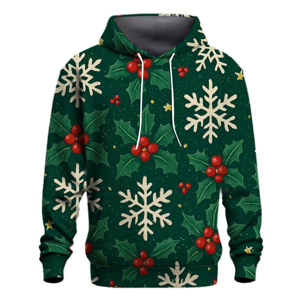 Crimson Holly Snowflake Tessellation On Midnight Green Background embroidered hoodies