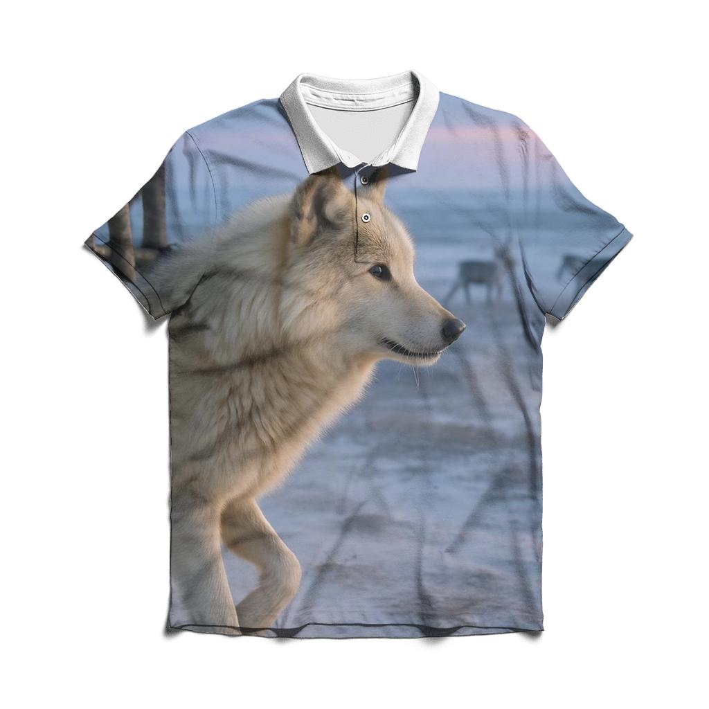 Tundra Wolf Beside A Saami Reindeer Fence At Blue Hour custom polo shirts
