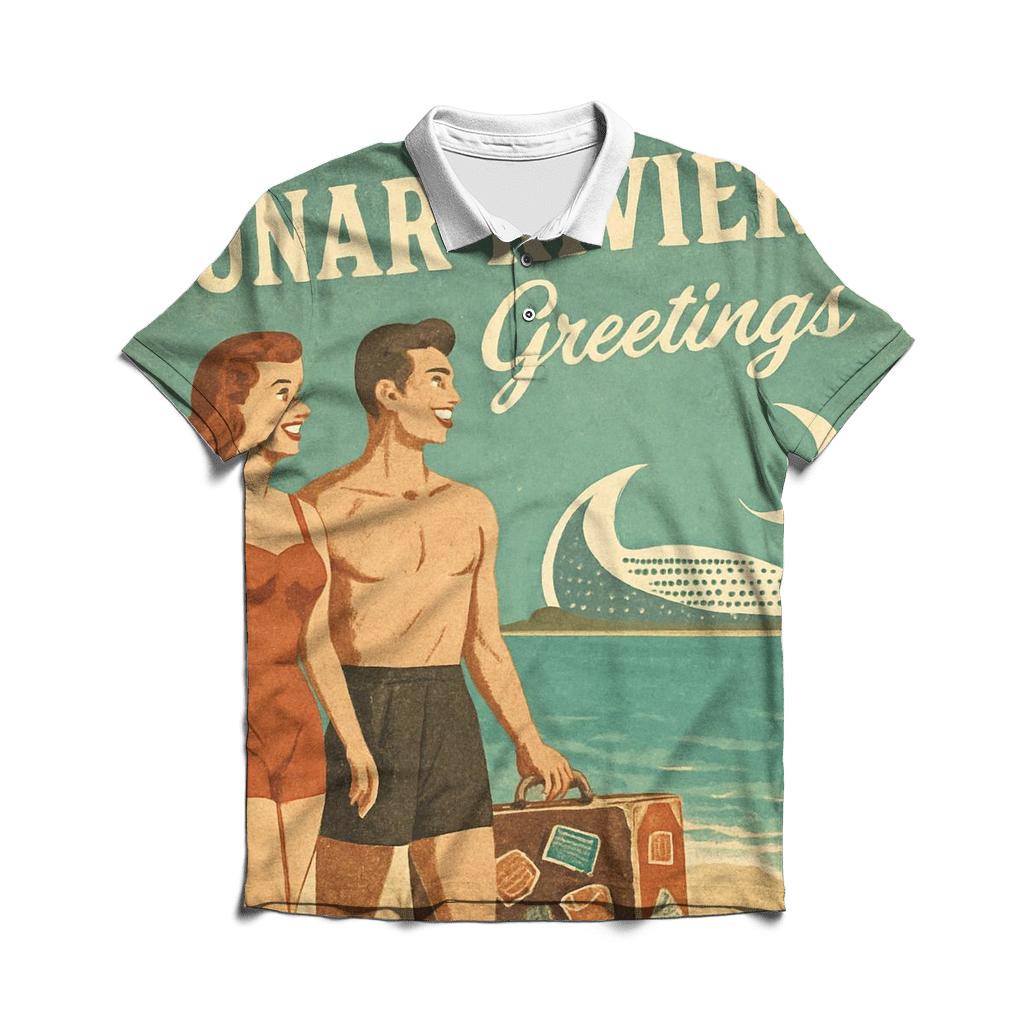 Weathered Space Age Postcard From Lunar Riviera designer slim fit polos