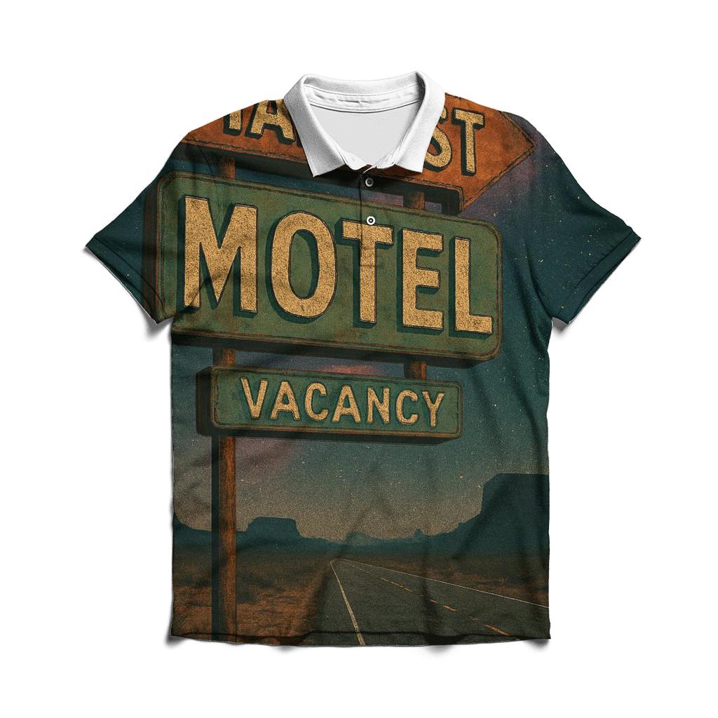Seventies Roadside Motel Sign Under A Nebula Sky embroidered polo tops