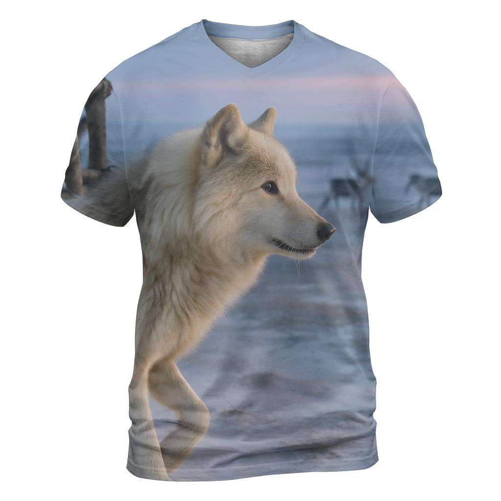 Tundra Wolf Beside A Saami Reindeer Fence At Blue Hour statement graphic shirts