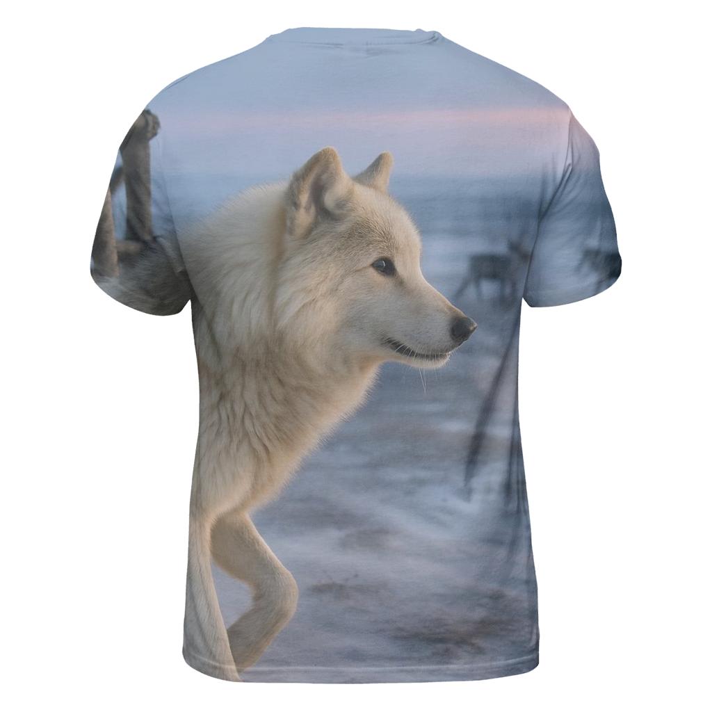 Tundra Wolf Beside A Saami Reindeer Fence At Blue Hour statement graphic shirts