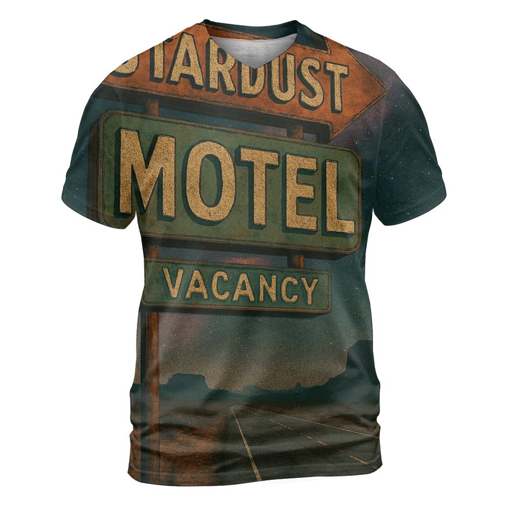 Seventies Roadside Motel Sign Under A Nebula Sky statement graphic shirts