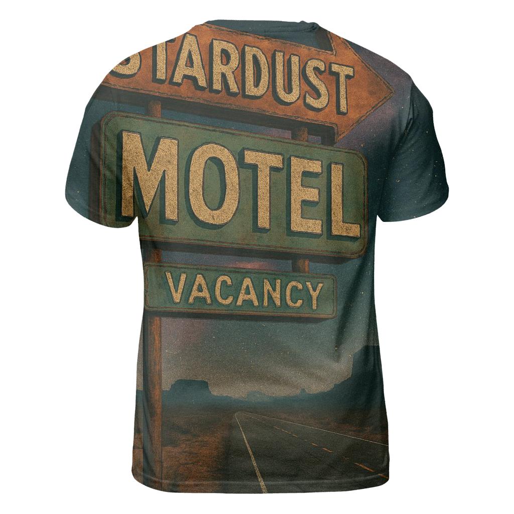 Seventies Roadside Motel Sign Under A Nebula Sky statement graphic shirts