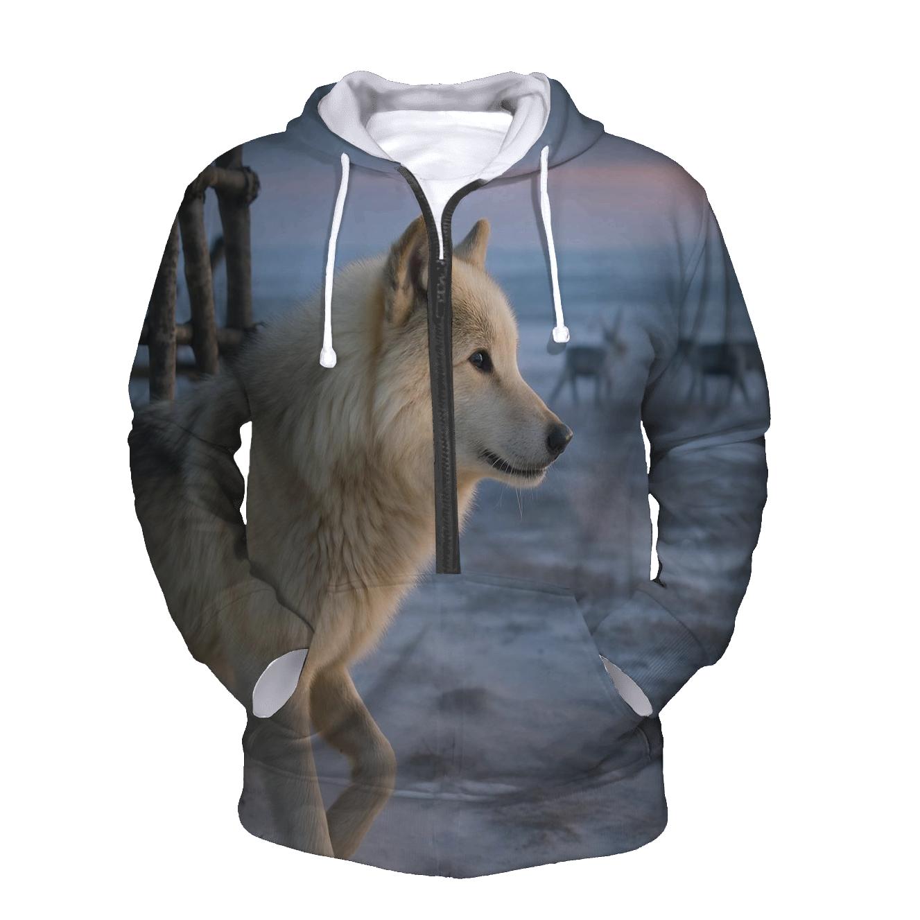 Tundra Wolf Beside A Saami Reindeer Fence At Blue Hour custom hoodies