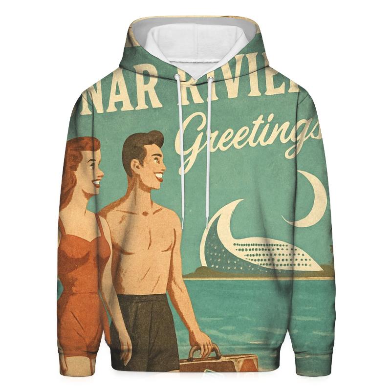 Weathered Space Age Postcard From Lunar Riviera embroidered hoodies