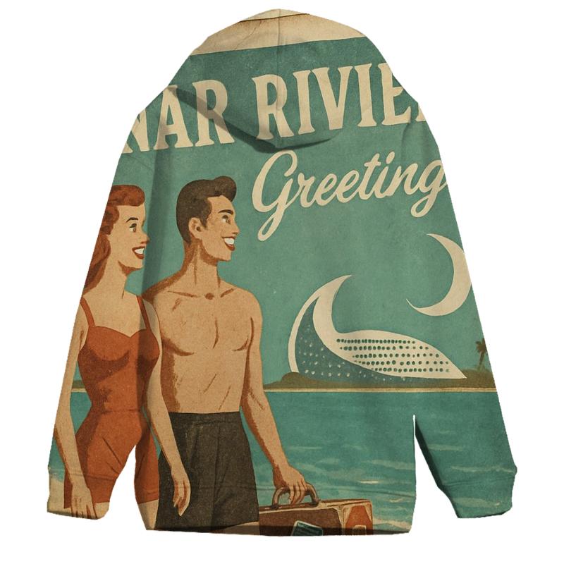 Weathered Space Age Postcard From Lunar Riviera embroidered hoodies