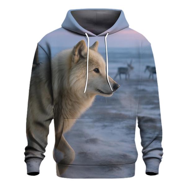 Tundra Wolf Beside A Saami Reindeer Fence At Blue Hour embroidered hoodies