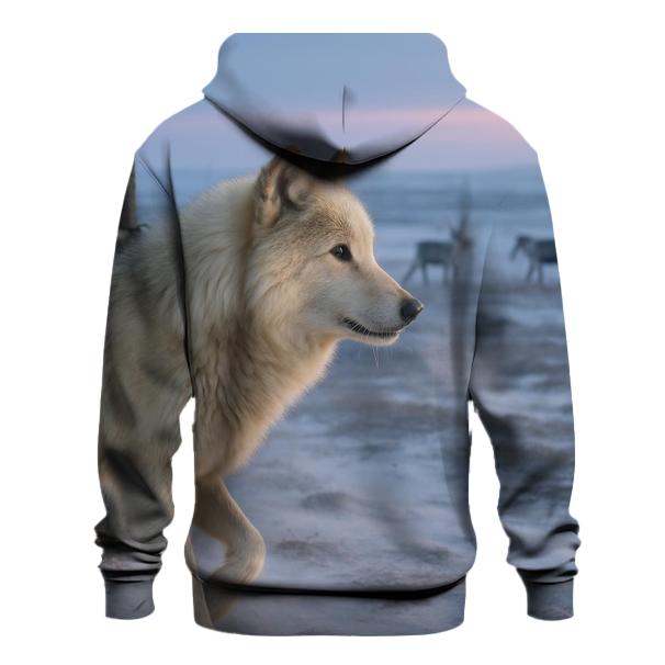 Tundra Wolf Beside A Saami Reindeer Fence At Blue Hour embroidered hoodies