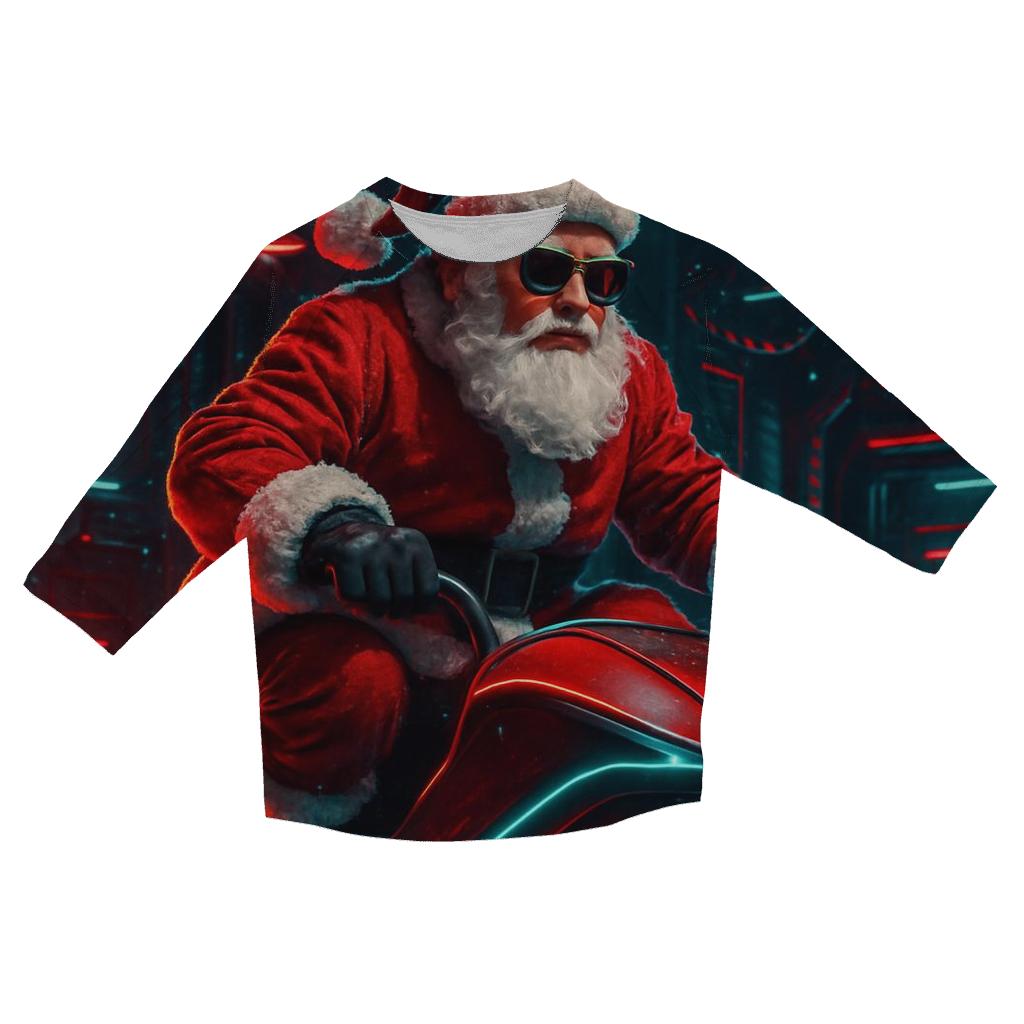 Neon Workshop Santa On A Hover Sleigh printed three quarter sleeve shirts