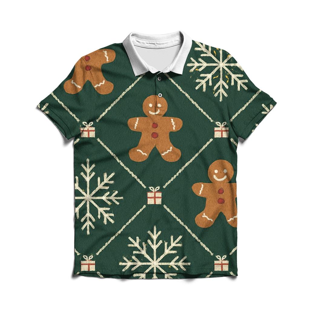 Ivory Snowflake And Gingerbread Lattice On Forest Green Background branded logo polo shirts