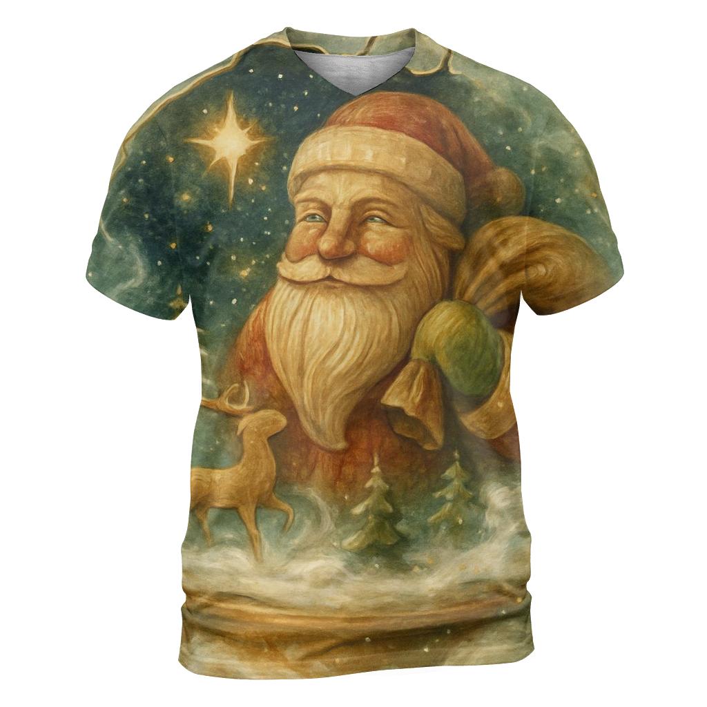 Wood Carved Santa In A Snow Globe Galaxy unique graphic print tees