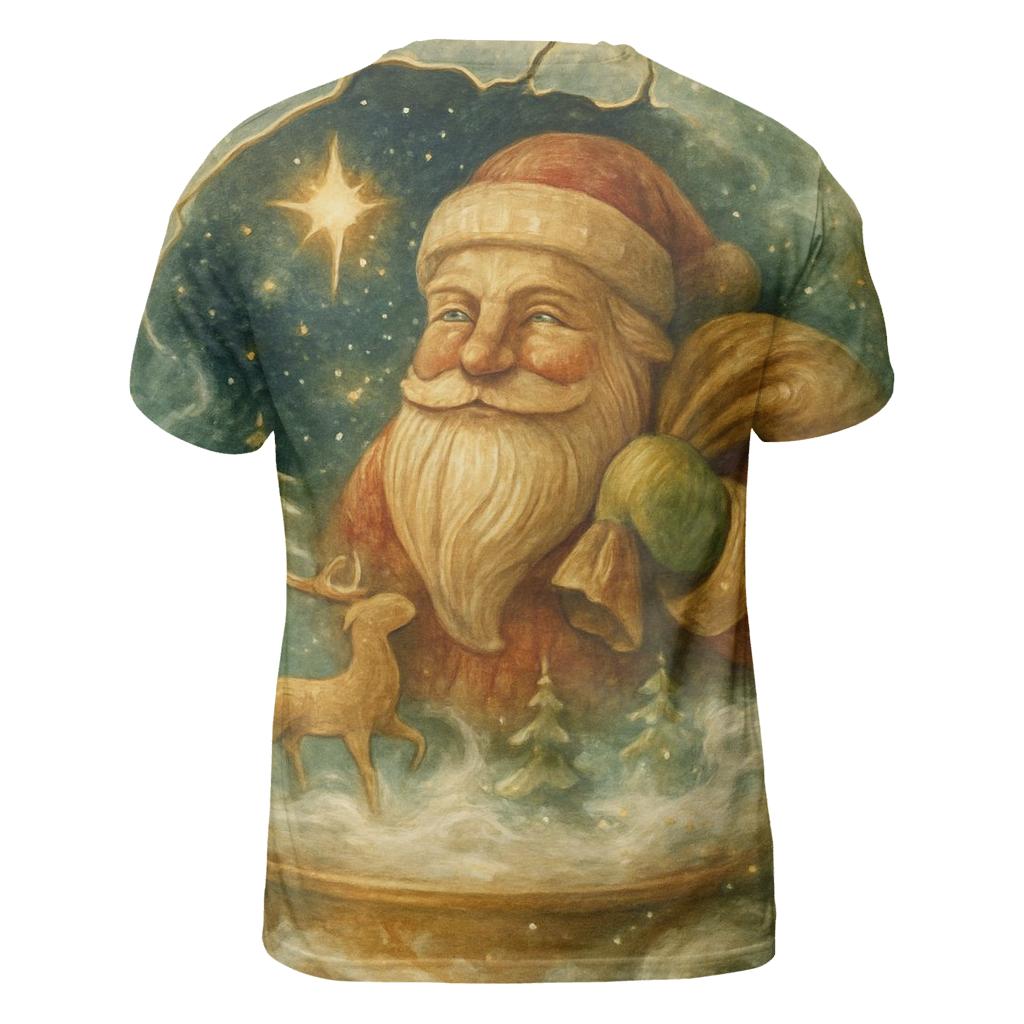Wood Carved Santa In A Snow Globe Galaxy unique graphic print tees
