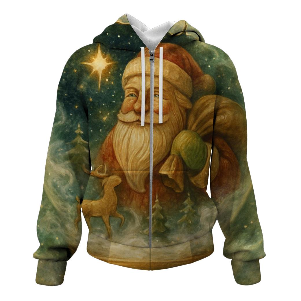 Wood Carved Santa In A Snow Globe Galaxy graphic hoodies