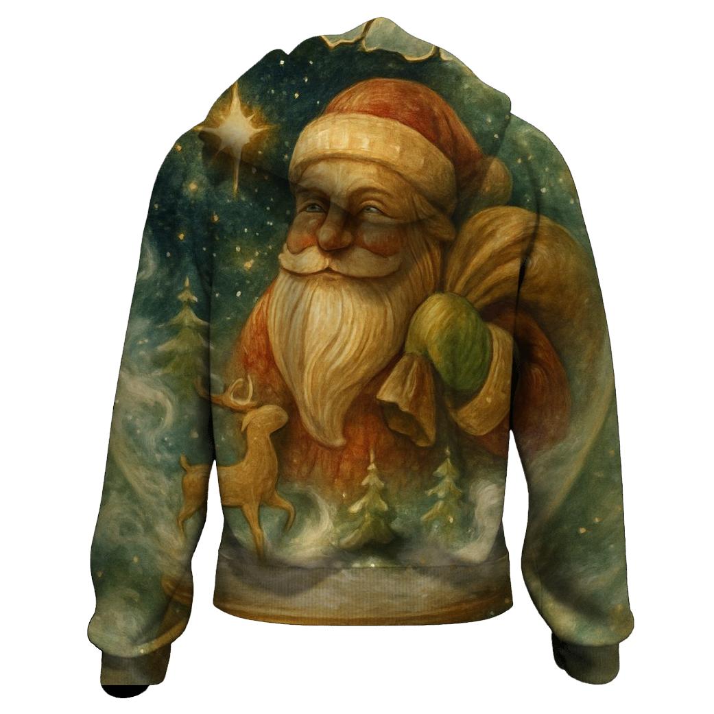 Wood Carved Santa In A Snow Globe Galaxy graphic hoodies