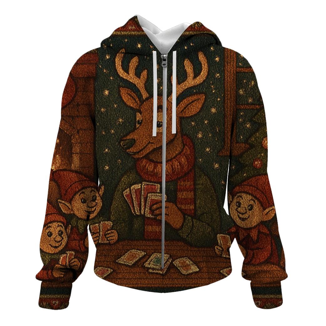 Reindeer Card Dealer Cabin Night zip-up hoodies