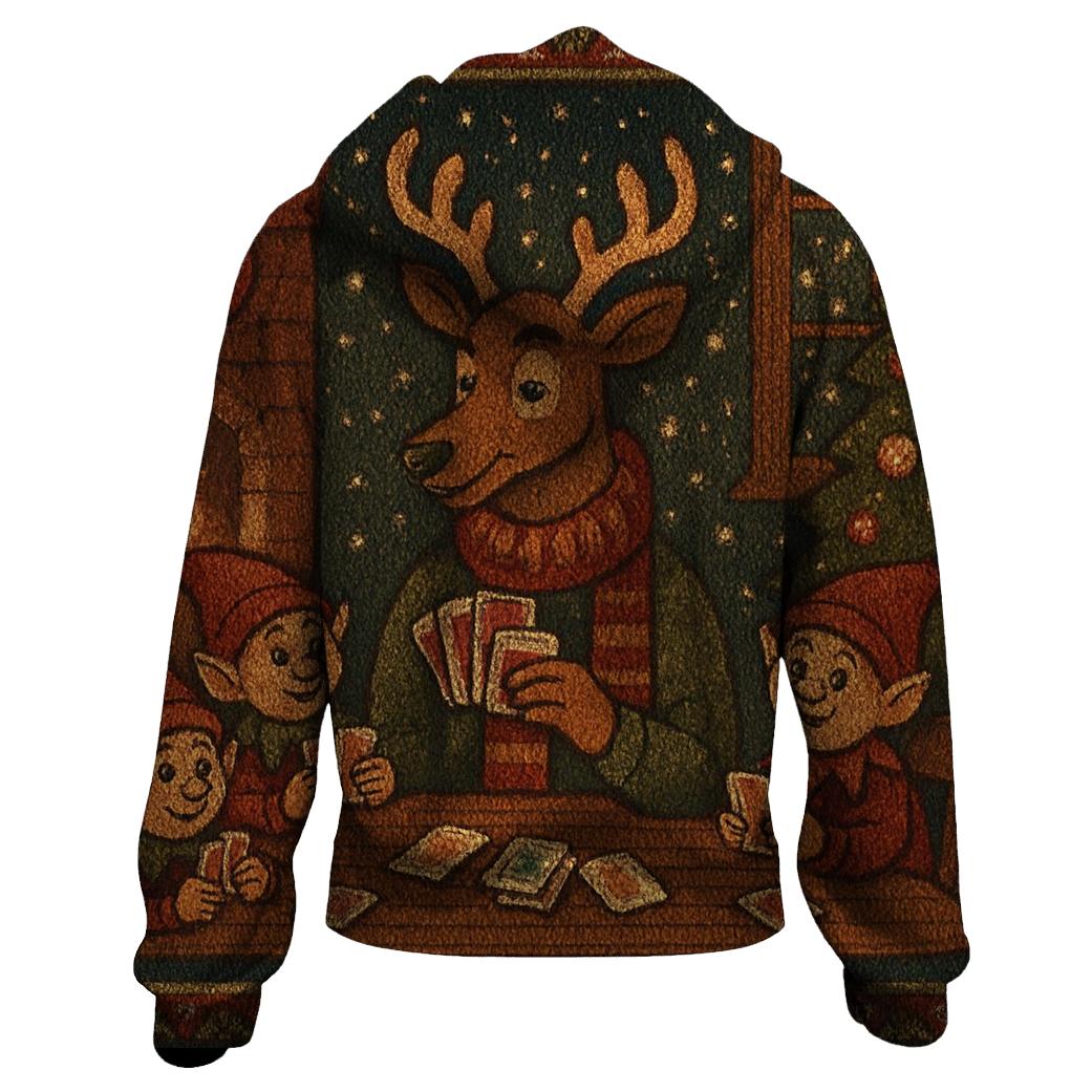 Reindeer Card Dealer Cabin Night zip-up hoodies