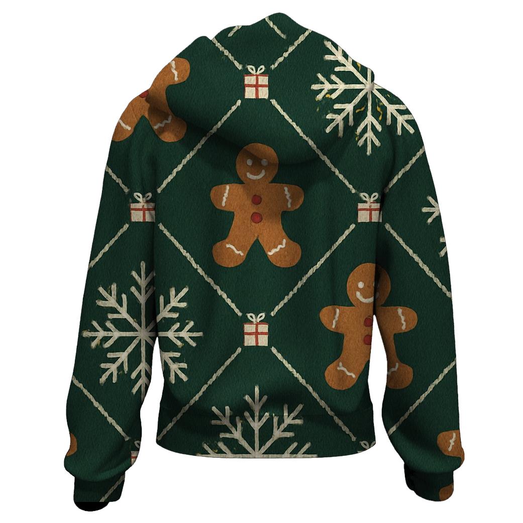 Ivory Snowflake And Gingerbread Lattice On Forest Green Background zip-up hoodies
