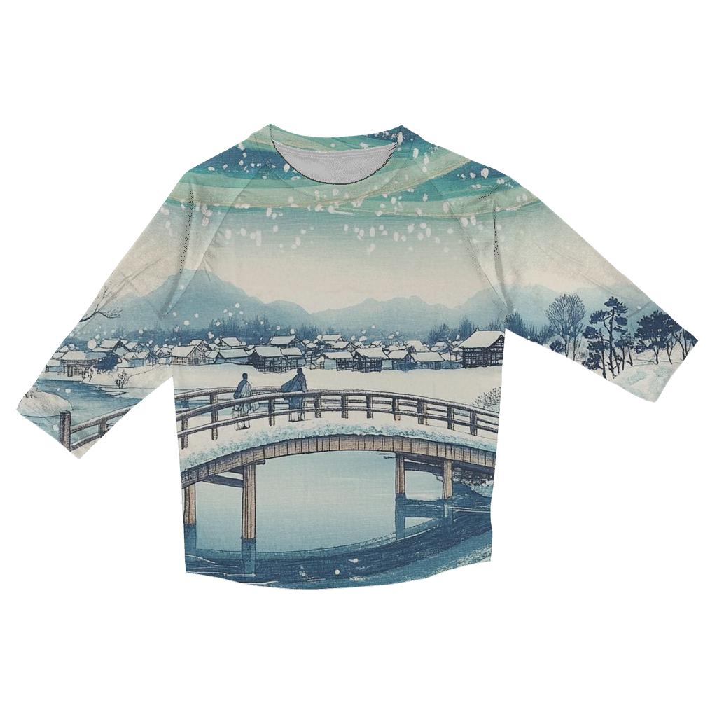 Hiroshige Inspired Aurora Bridge Over Winter River stylish quarter sleeve tops