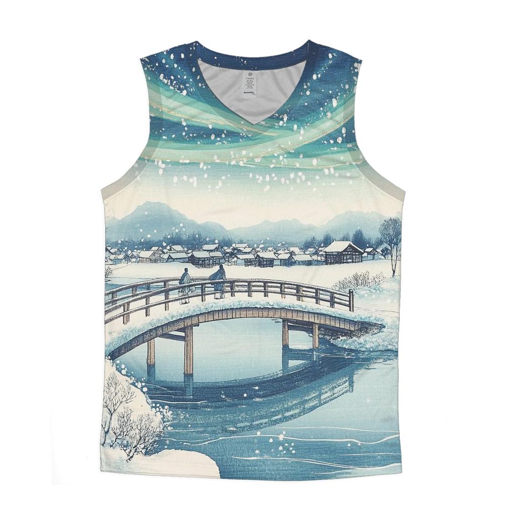 Hiroshige Inspired Aurora Bridge Over Winter River casual summer tank tops