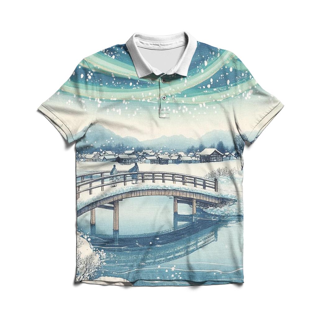 Hiroshige Inspired Aurora Bridge Over Winter River designer slim fit polos