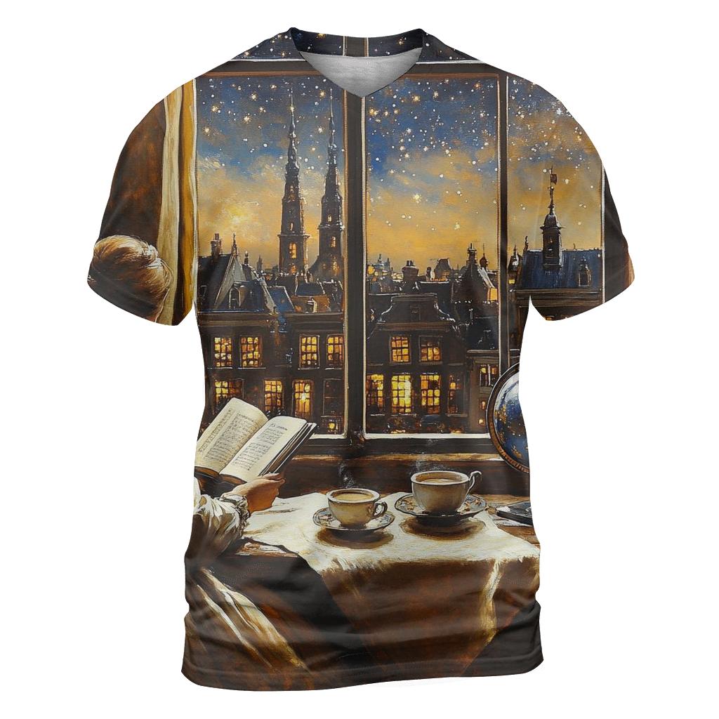 Johannes Vermeer Inspired Starlit Cafe Interior creative print fashion shirts