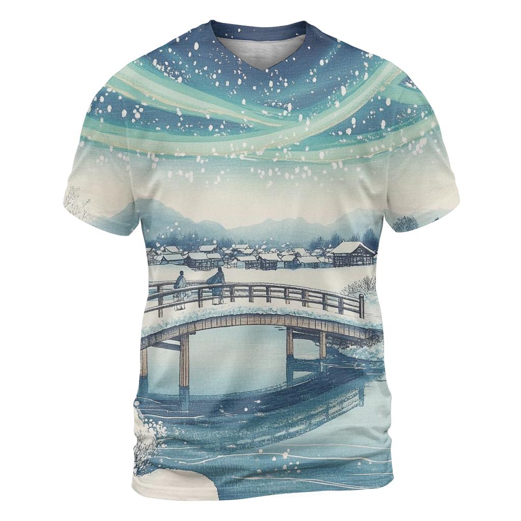 Hiroshige Inspired Aurora Bridge Over Winter River unique graphic print tees
