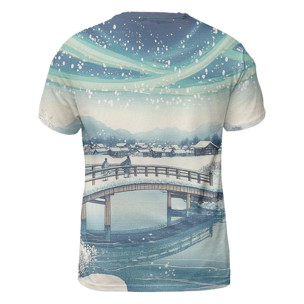 Hiroshige Inspired Aurora Bridge Over Winter River unique graphic print tees