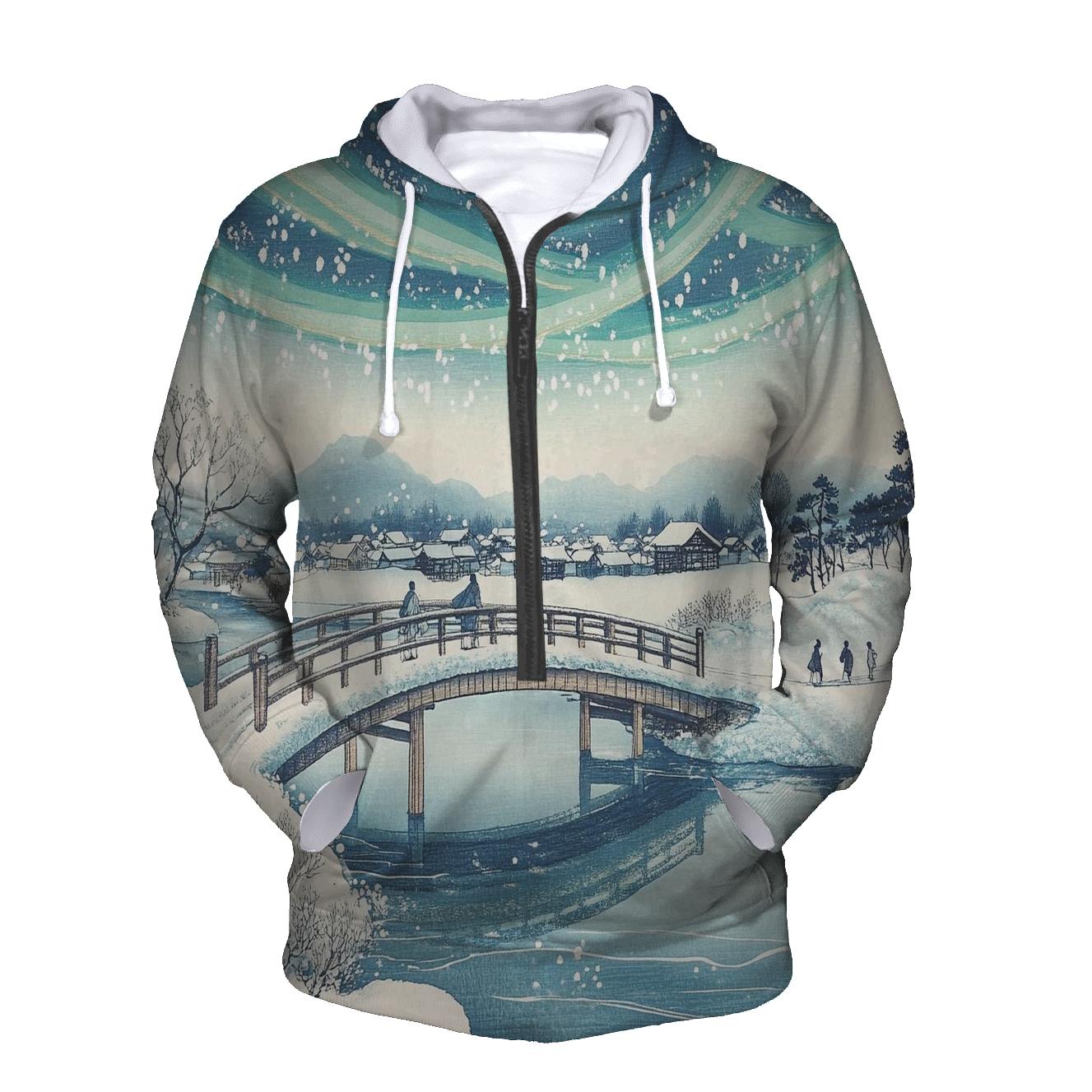 Hiroshige Inspired Aurora Bridge Over Winter River zip-up hoodies