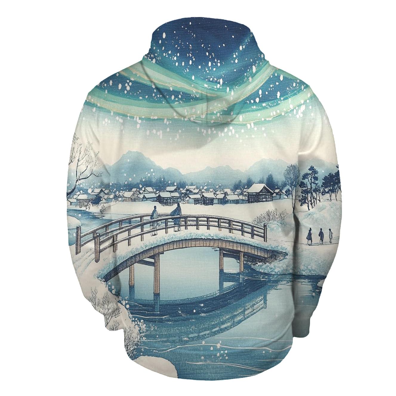 Hiroshige Inspired Aurora Bridge Over Winter River zip-up hoodies