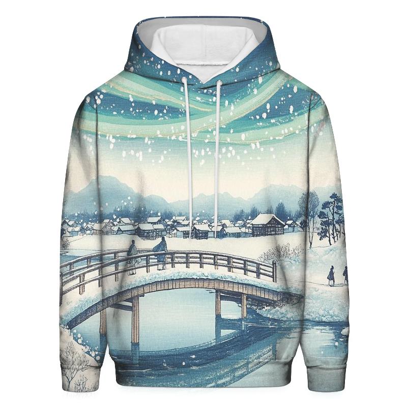 Hiroshige Inspired Aurora Bridge Over Winter River heavyweight hoodies