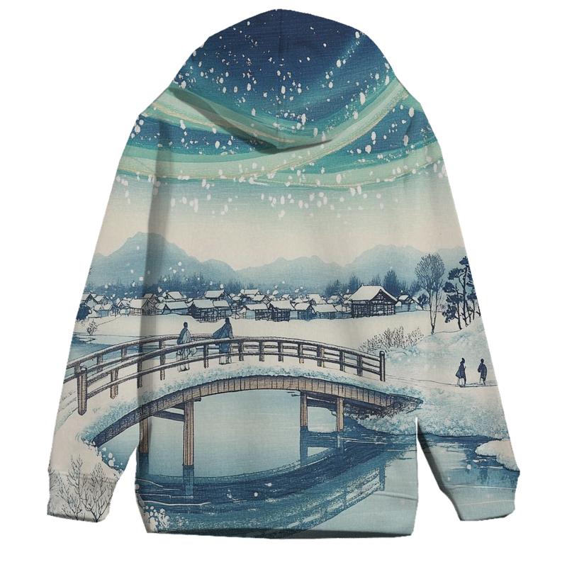 Hiroshige Inspired Aurora Bridge Over Winter River heavyweight hoodies