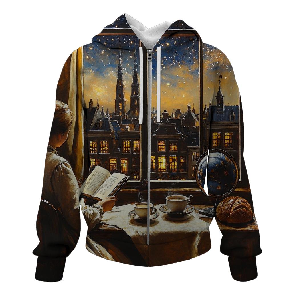 Johannes Vermeer Inspired Starlit Cafe Interior zip-up hoodies