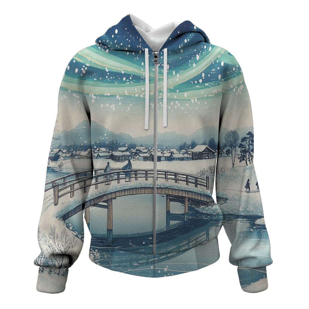 Hiroshige Inspired Aurora Bridge Over Winter River printed hoodies