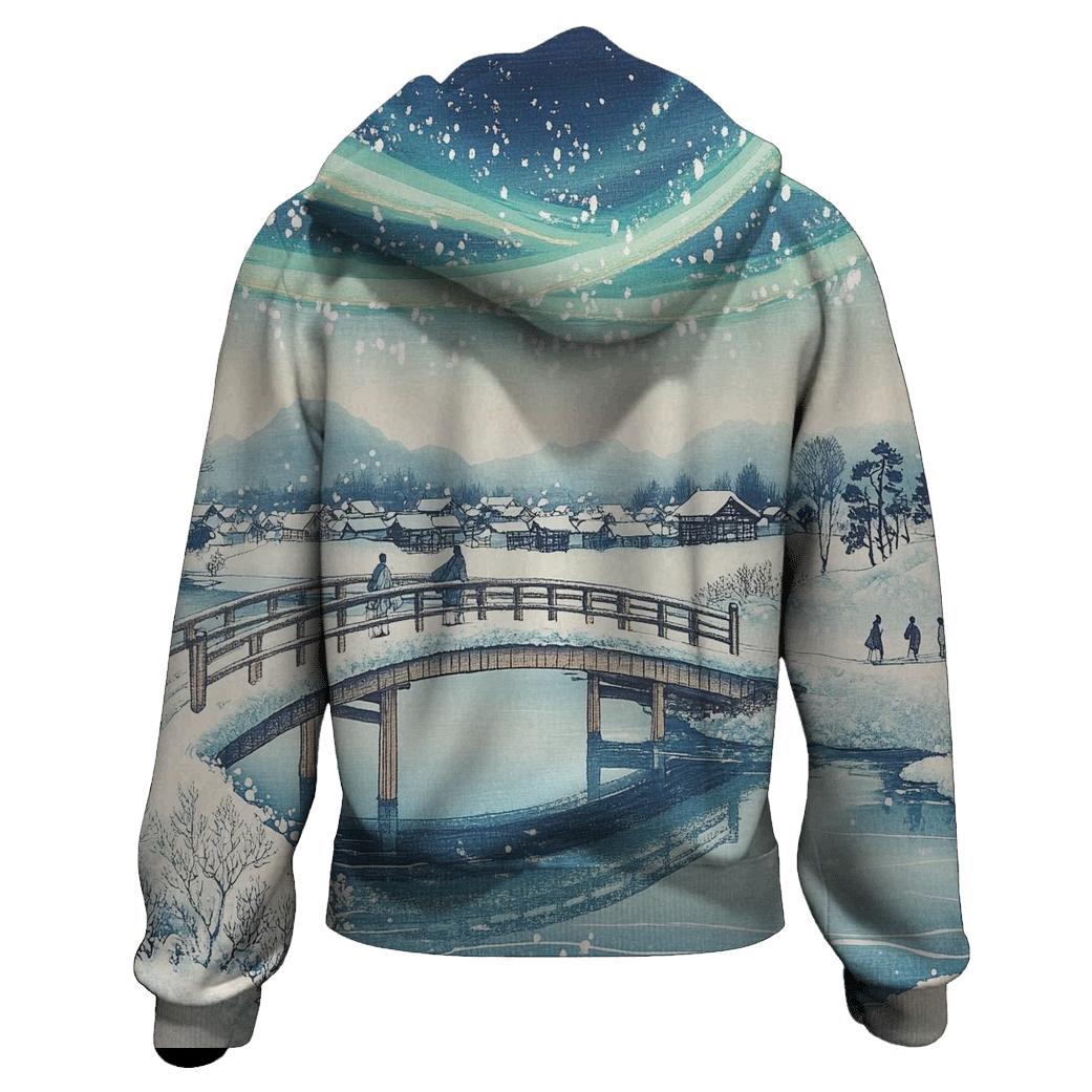 Hiroshige Inspired Aurora Bridge Over Winter River printed hoodies