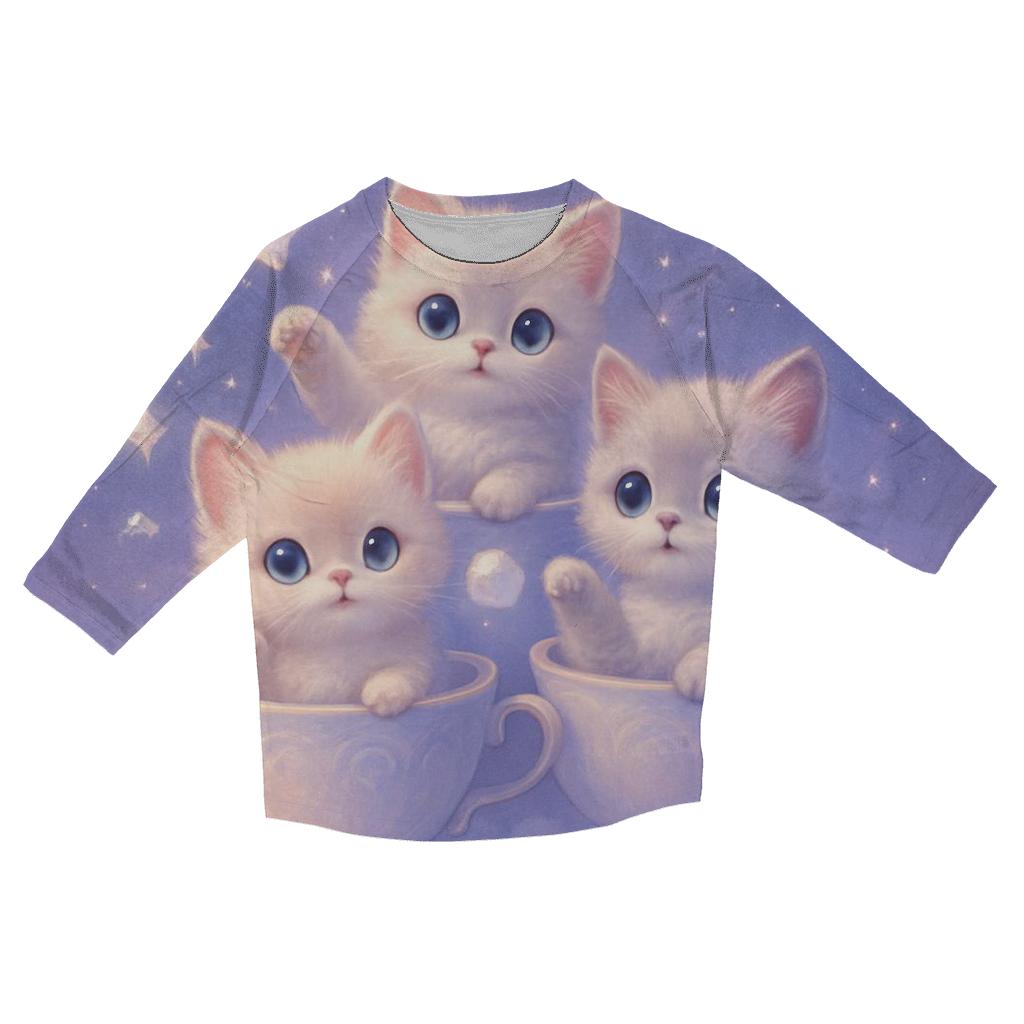 Moonlit Teacup Kittens printed three quarter sleeve shirts