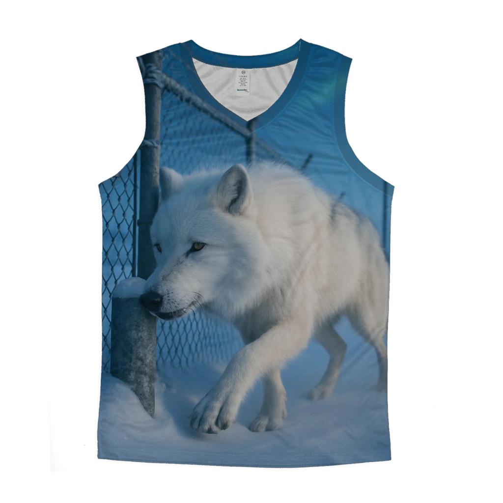 Arctic Wolf Along The Weather Station Fence Line sports performance tank tops