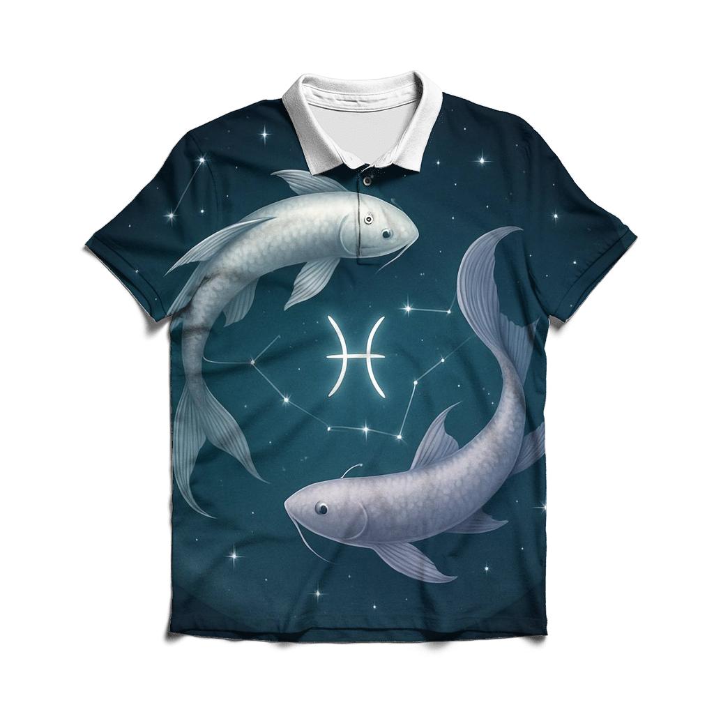 Pisces Moonlit Dual Fish Constellation Mirror branded logo polo shirts
