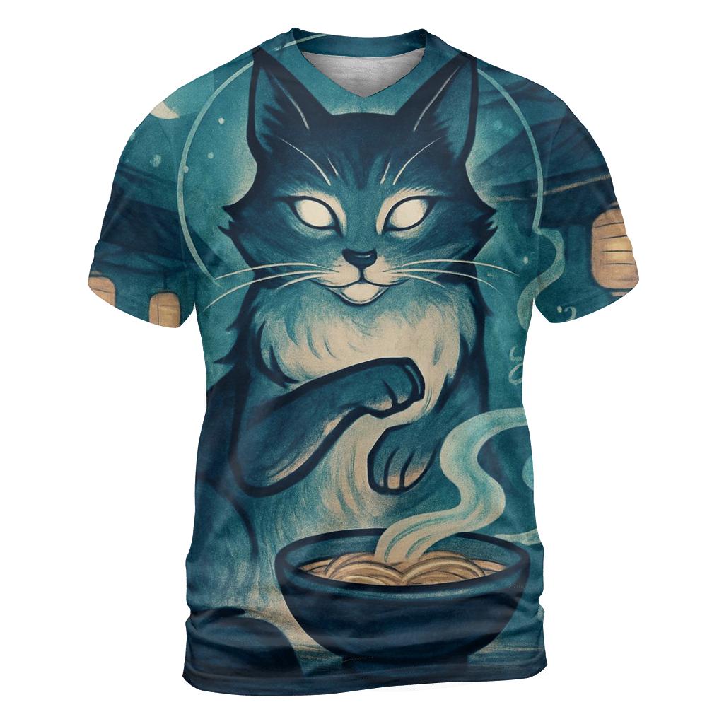 Moonlit Noodle Shop Guardian Cat artistic all-over print tops