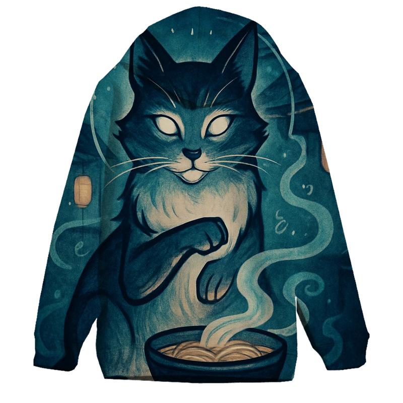 Moonlit Noodle Shop Guardian Cat graphic hoodies